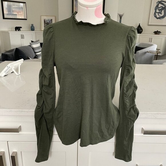 Anthropologie Maeve LS Frill Neck Ruched Sleeve Cotton Modal Top Green XS NWOT - Picture 1 of 12